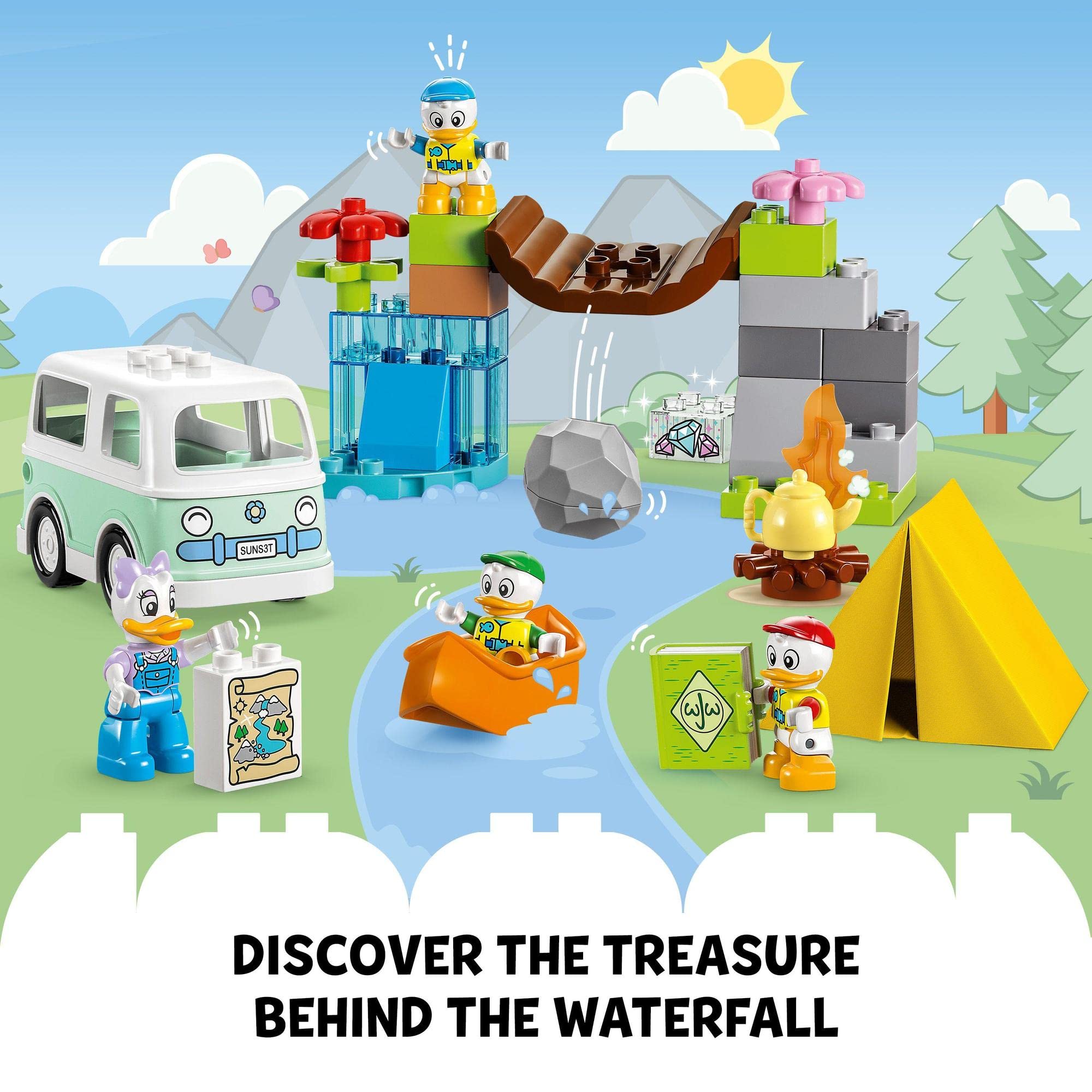 Lego adventure scene: characters exploring for treasure near a waterfall and winding river.