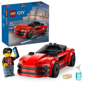 Sleek red convertible LEGO set with figure, smartphone, and accessories for urban adventure play.