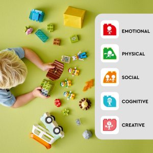 Child playing with colorful toys, fostering creativity and holistic development in a vibrant setting.