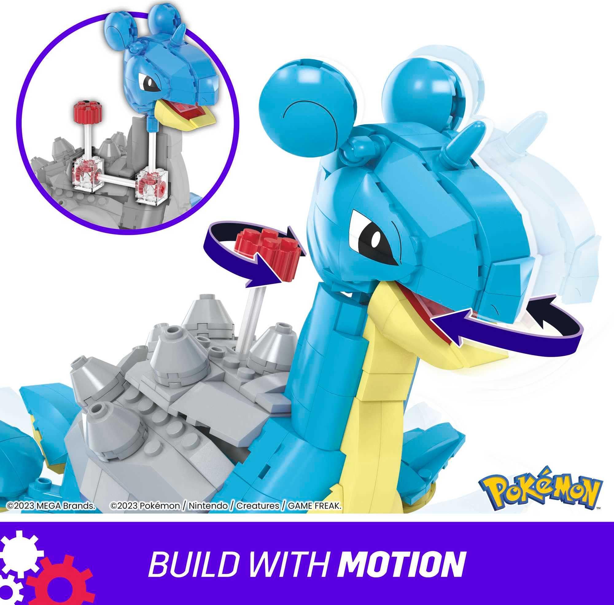 Vibrant Pokémon building blocks: Aquatic dragon figure with dynamic pose and creative design.