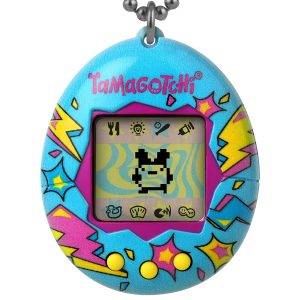 Colorful Tamagotchi digital pet device from the ’90s, featuring a playful pixelated pet display.