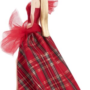 Elegant doll in vibrant red gown with tartan details, perfect for collectors and festive displays.