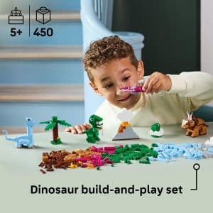 Child playing with vibrant dinosaur-themed building set, fostering creativity and imagination.