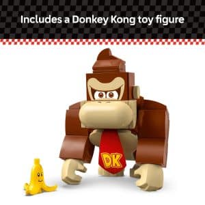 Donkey Kong toy figure in action pose with banana against a colorful checkered background.