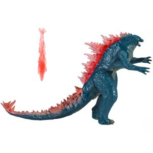 Detailed Godzilla action figure with atomic breath projectile and vibrant blue and red accents.
