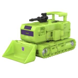 Neon green construction vehicle toy with turret and scoop, perfect for imaginative play adventures.