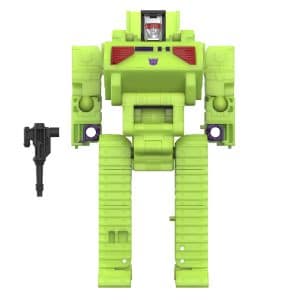 Vibrant green robot toy figure with blocky limbs, red accents, and a black gun.
