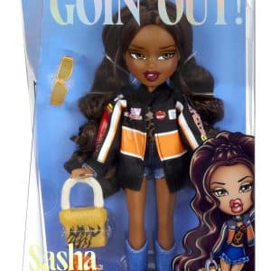 Bratz doll Sasha in trendy sporty outfit with stylish accessories, packaged in vibrant GOIN OUT design.