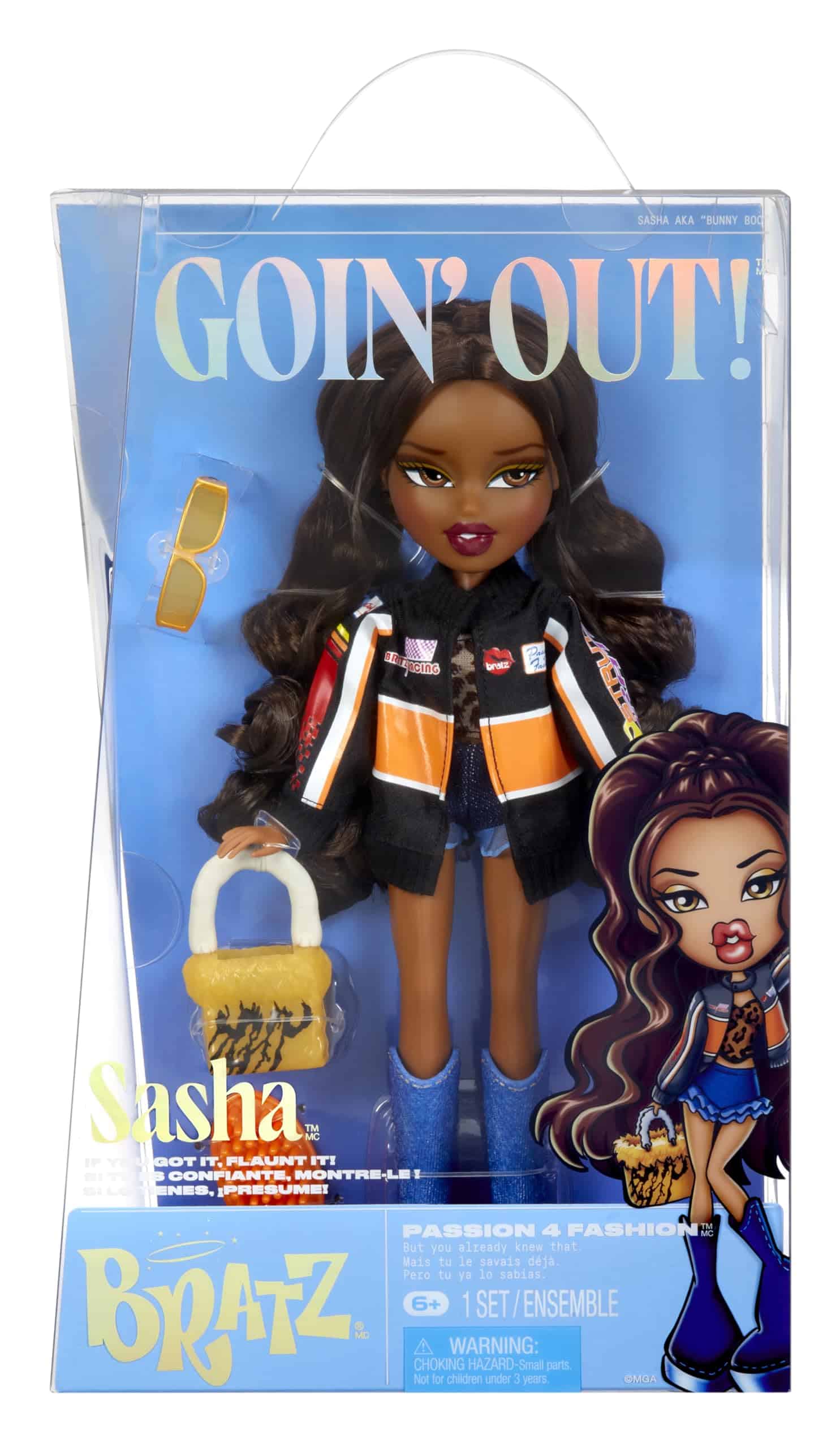 Bratz doll Sasha in trendy sporty outfit with stylish accessories, packaged in vibrant GOIN OUT design.