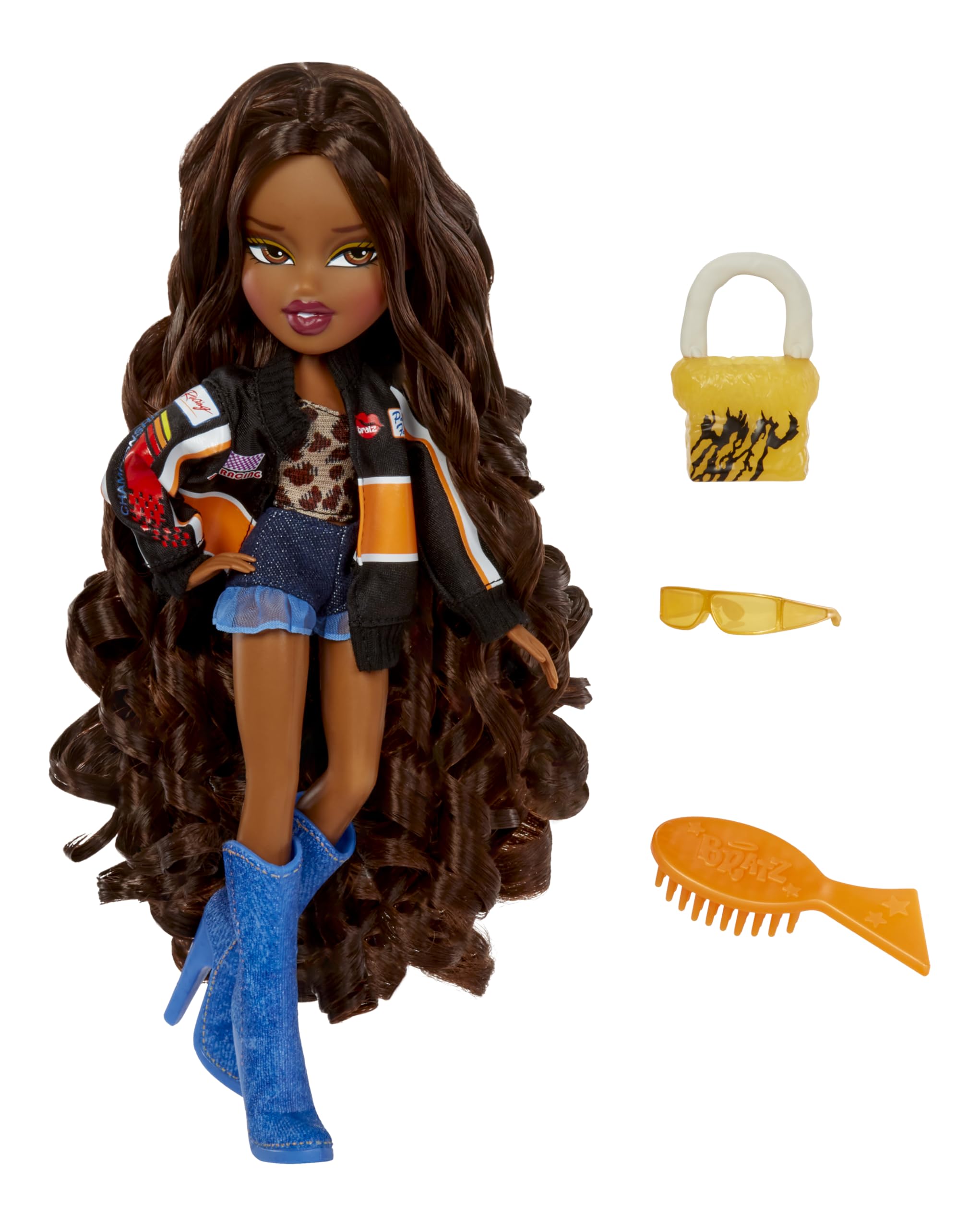 Trendy doll with purple lipstick, chic outfit, vibrant accessories, and stylish blue boots.