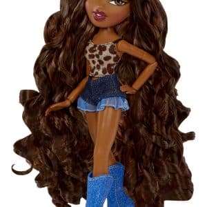 Trendy doll with voluminous hair, leopard print top, and blue high heels showcases modern style.