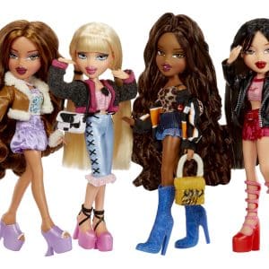 Diverse dolls display unique styles, confidence, and friendship in a vibrant fashion ensemble.