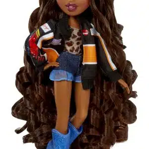 Trendy fashion doll with long hair, stylish outfit, and bold blue knee-high boots.