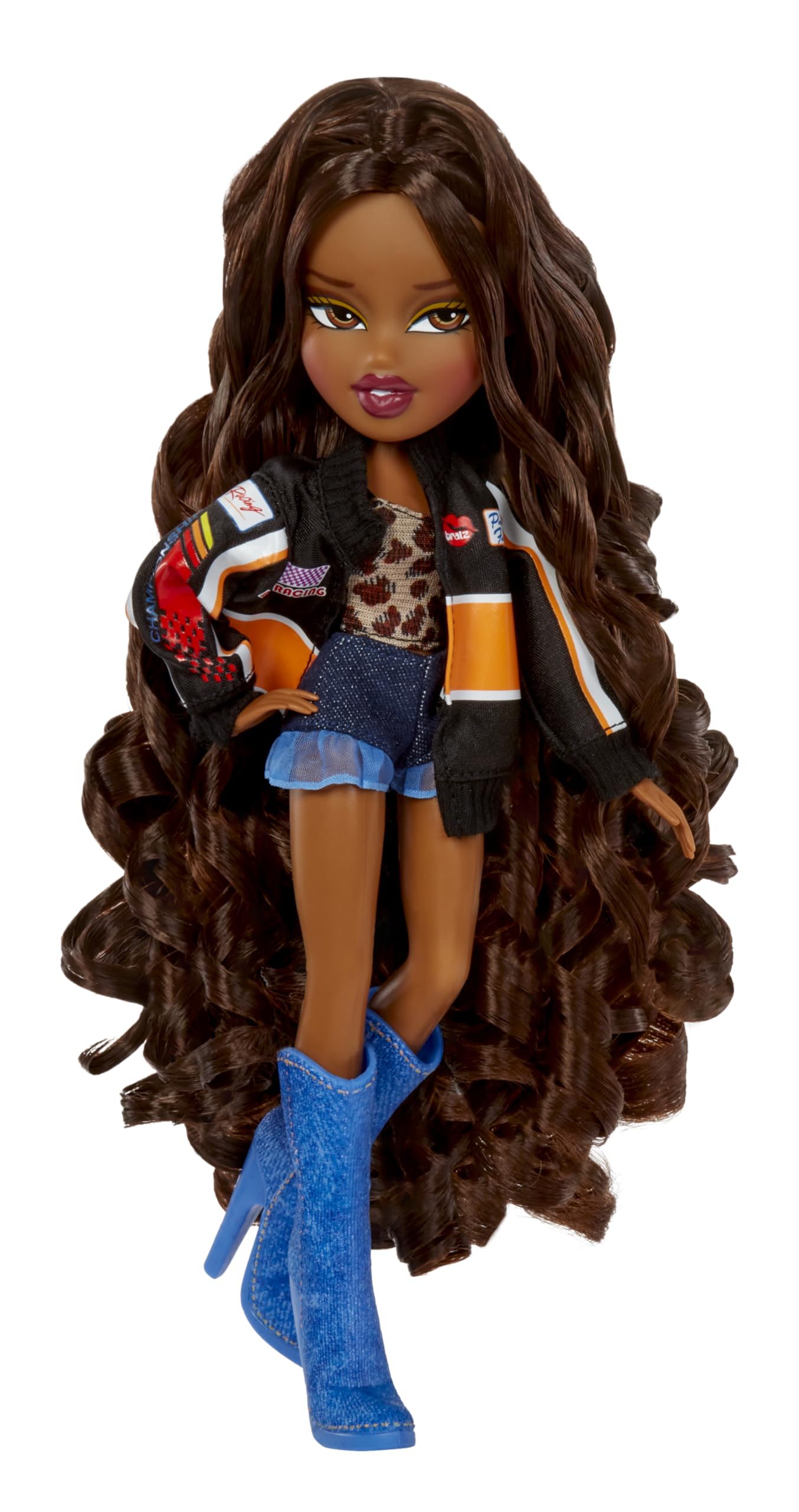 Trendy fashion doll with long hair, stylish outfit, and bold blue knee-high boots.