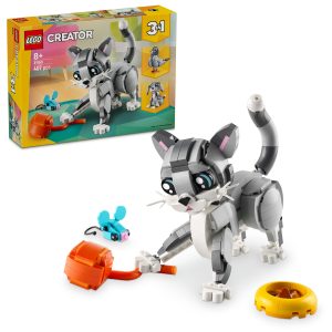 Charming LEGO cat ready to play with toy mouse in cozy domestic setup.