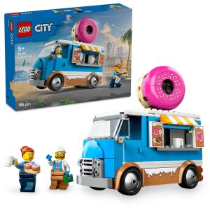 Colorful LEGO City Donut Truck Adventure set with minifigures for imaginative beach play.