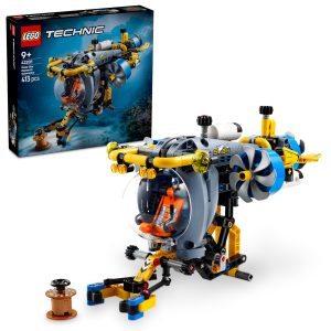 Vibrant LEGO Technic submersible model with 413 pieces, featuring a cockpit and robotic arm.