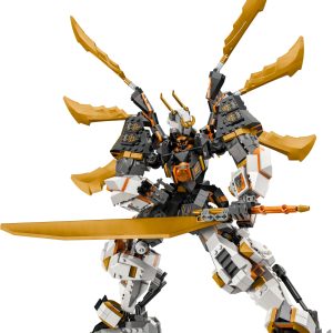 Fierce dynamic robot wielding a sword with blade-like shoulders, showcasing intricate mechanical design.