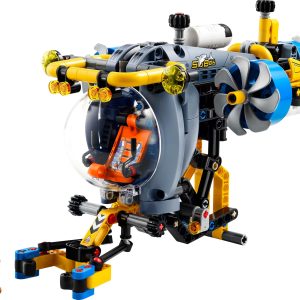 Vibrant LEGO submarine model with cockpit, propellers, claw, and buoy for underwater adventures.