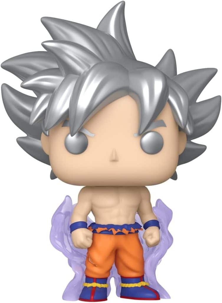 Anime Funko Pop! figure with spiky silver hair and vibrant orange pants, surrounded by a purple aura.