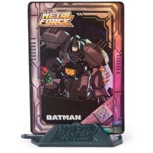 Batman in metallic suit on vibrant collectible card; features QR code for interactive content.