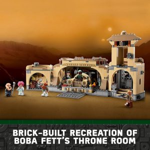 Boba Fetts Throne Room Lego model, set against a stunning sunset background.