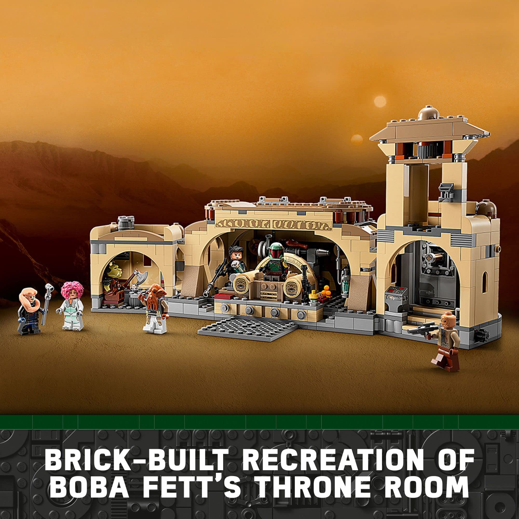 Boba Fetts Throne Room Lego model, set against a stunning sunset background.