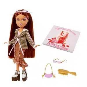 Chic Bratz doll with auburn hair, trendy outfit, and Flower Shop accessories for imaginative play.