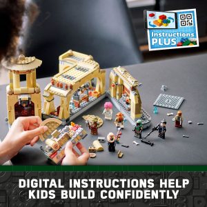 Child building a colorful LEGO structure with digital instructions for creative play.