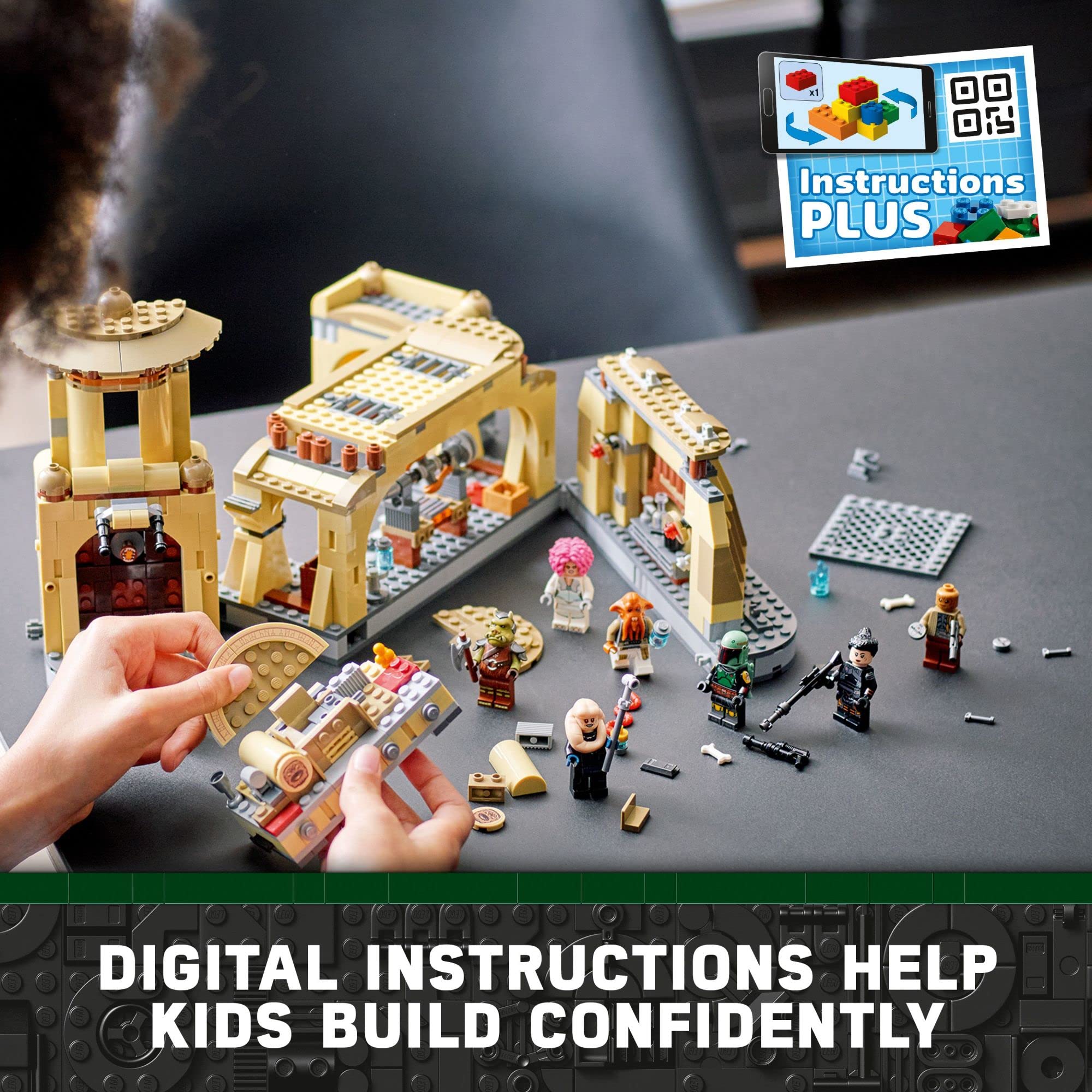 Child building a colorful LEGO structure with digital instructions for creative play.