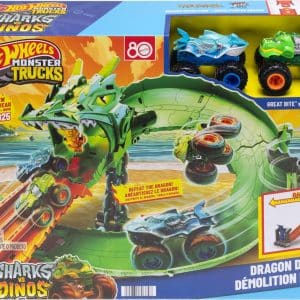 Fierce Dragon Demolition Monster Truck Playset with colorful trucks and dynamic action tracks.