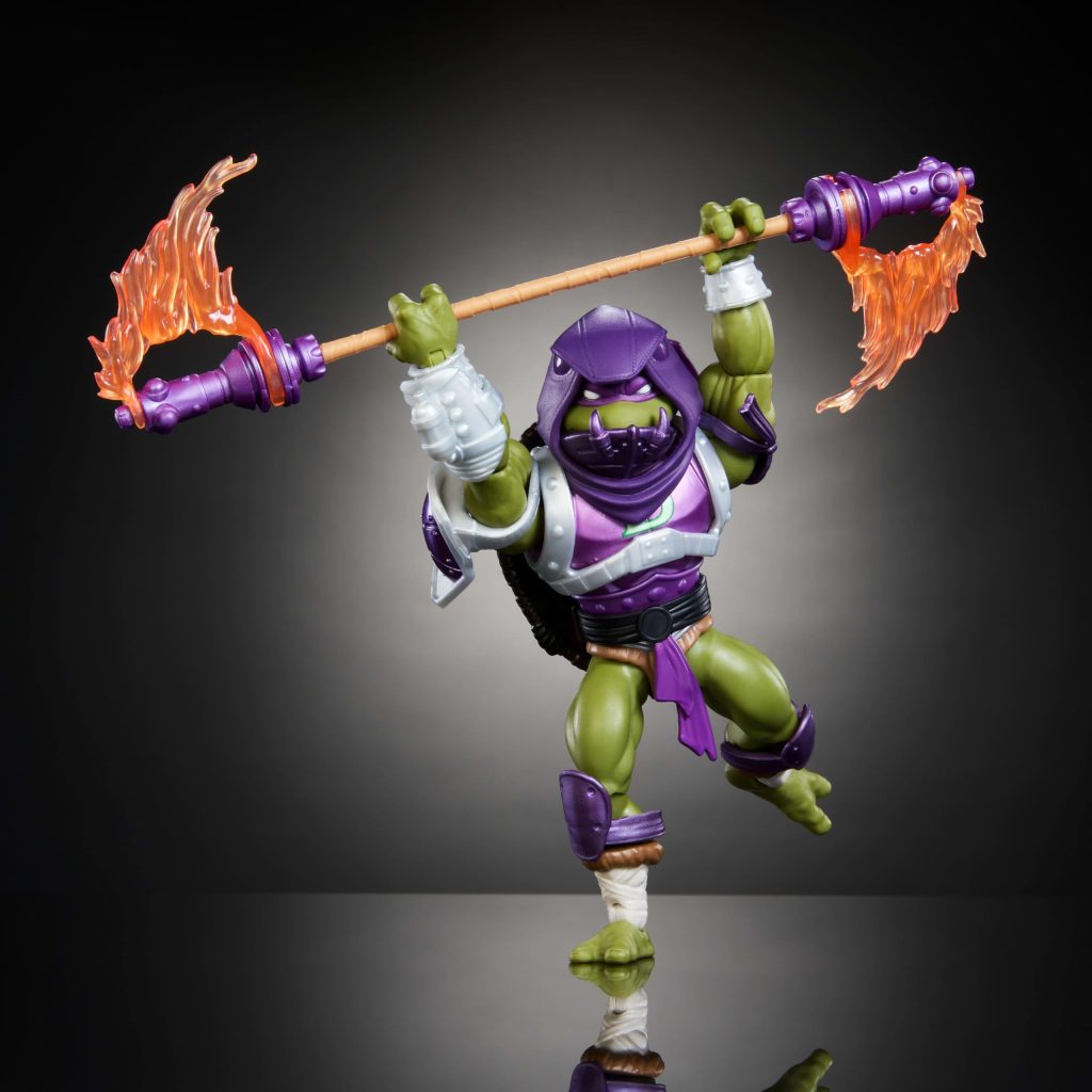 Green fantasy warrior action figure with fiery polearm in dynamic pose.