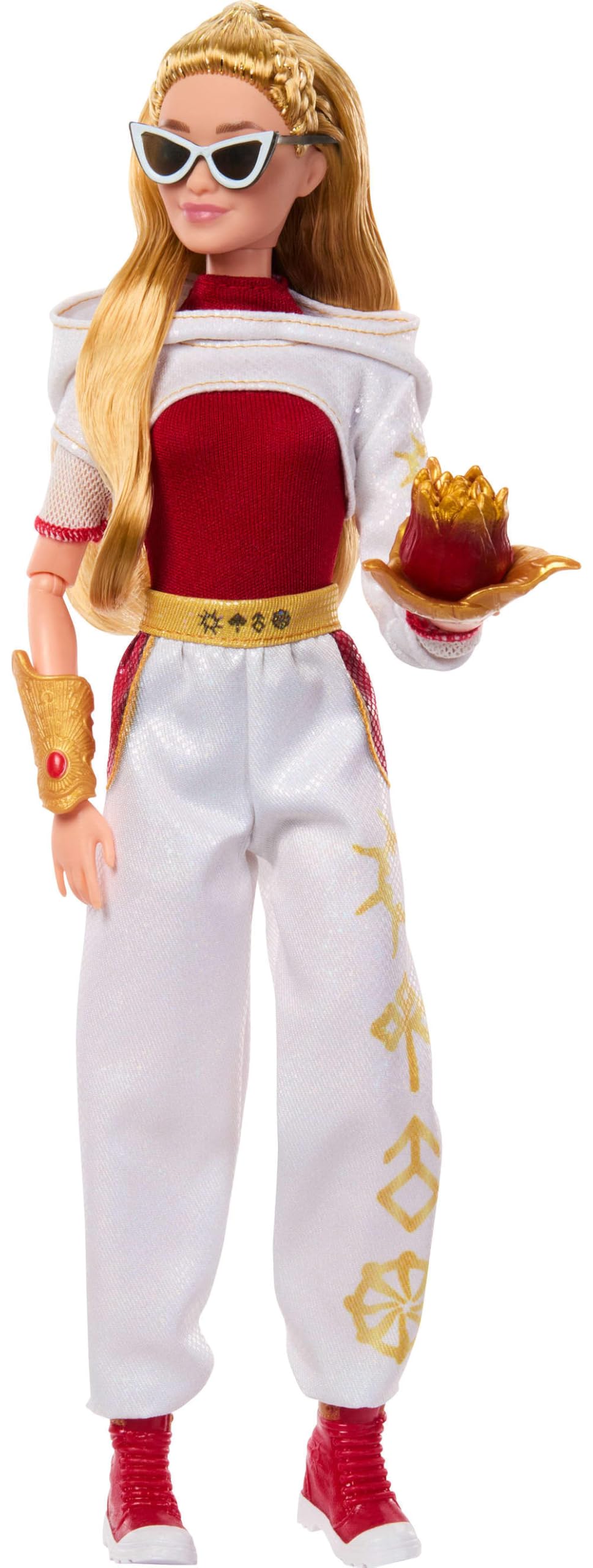 Stylish doll in vibrant red and white outfit, exuding modern superhero elegance and confidence.