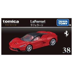 Bright red LaFerrari scale model by Tomica, featuring intricate details and premium die-cast quality.