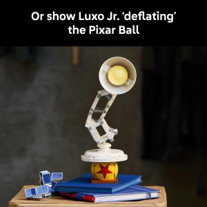 Luxo Jr. playfully interacts with the Pixar Ball in a creative animated scene.