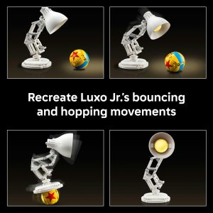 Luxo Jr. joyfully interacts with a colorful ball, capturing playful energy and nostalgia.