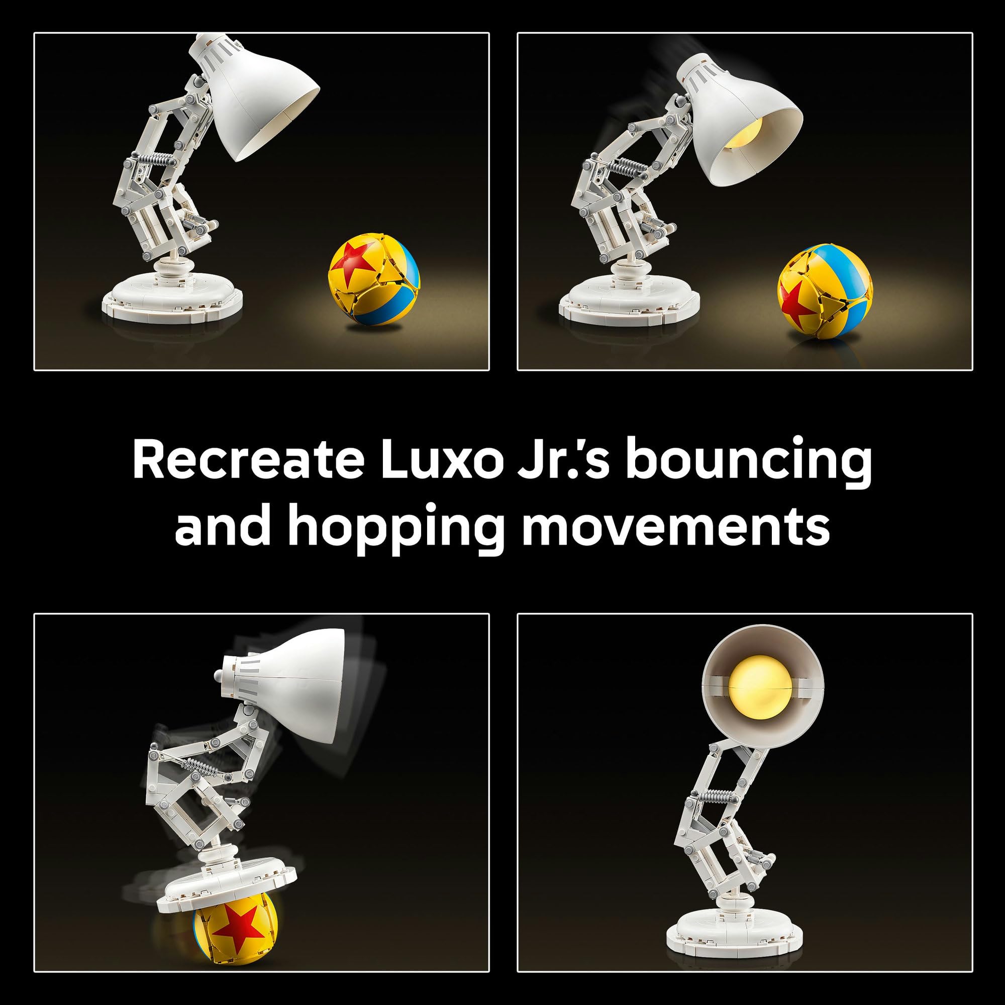 Luxo Jr. joyfully interacts with a colorful ball, capturing playful energy and nostalgia.