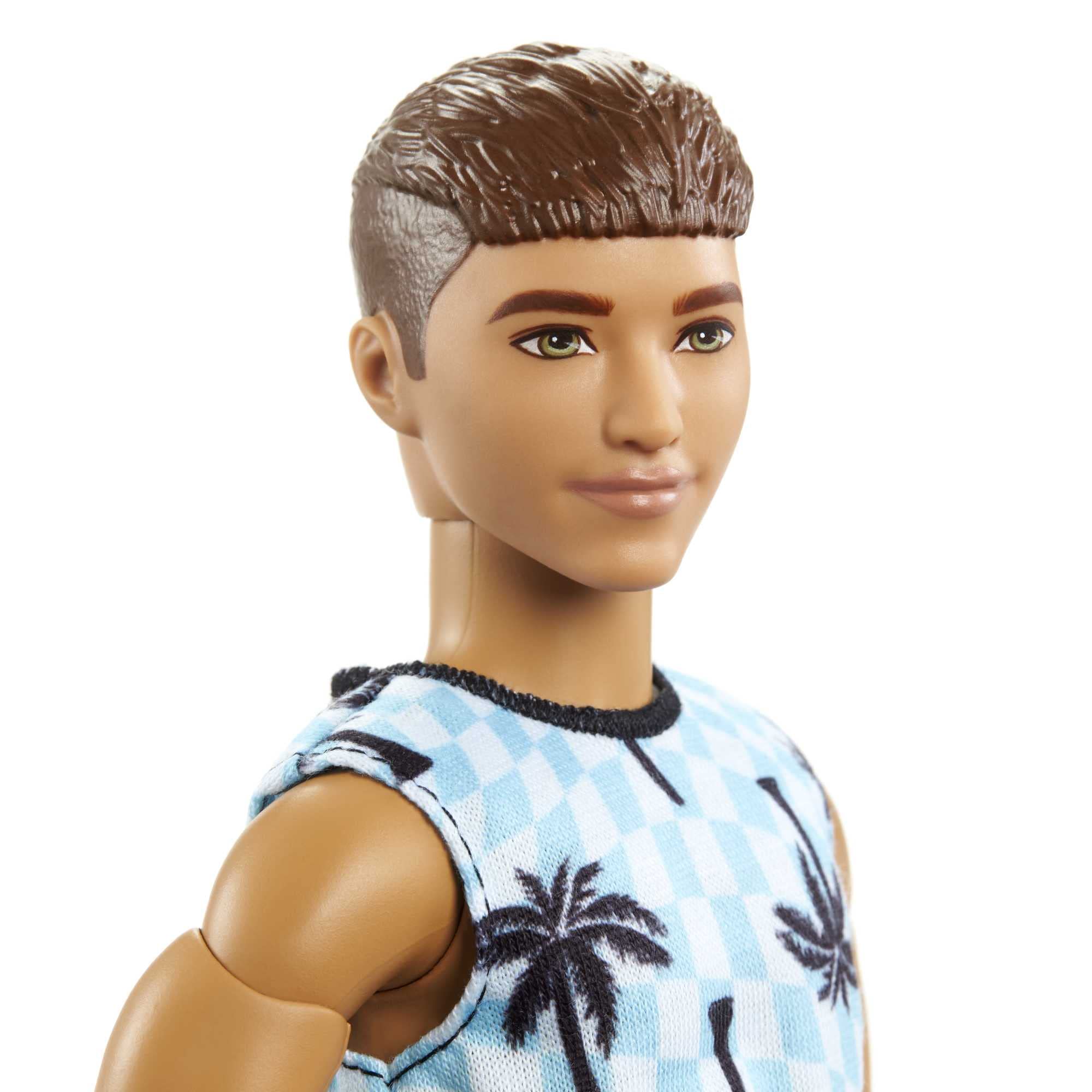 Stylish male doll in summer outfit, featuring checkered shirt and confident, athletic pose.