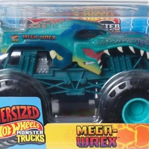 Vibrant Mega-Wrex monster truck featuring fierce dinosaur design and oversized off-road wheels.