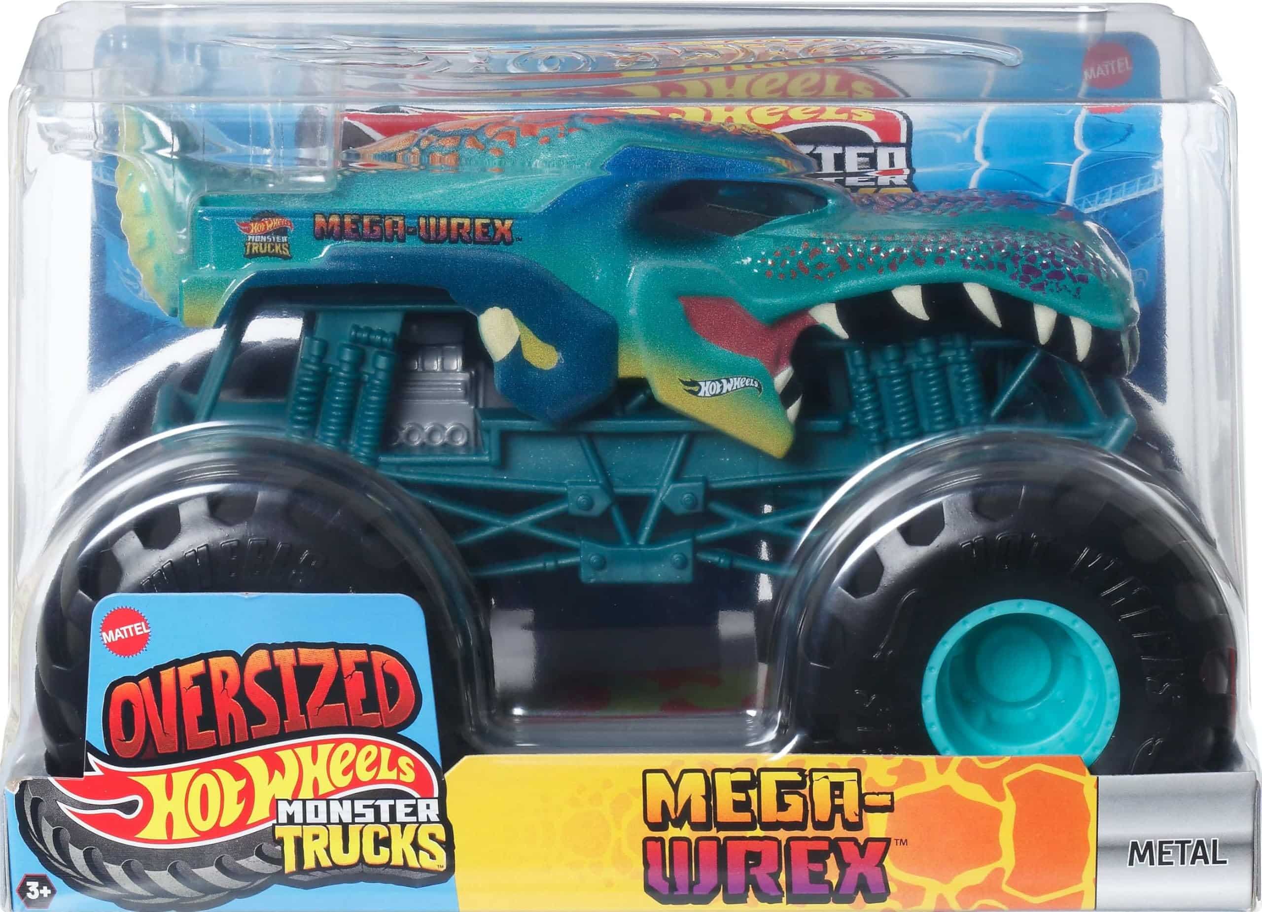 Vibrant Mega-Wrex monster truck featuring fierce dinosaur design and oversized off-road wheels.