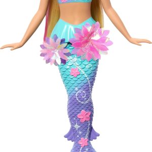 Colorful mermaid doll with flowing pink hair and iridescent tail, perfect for imaginative play.