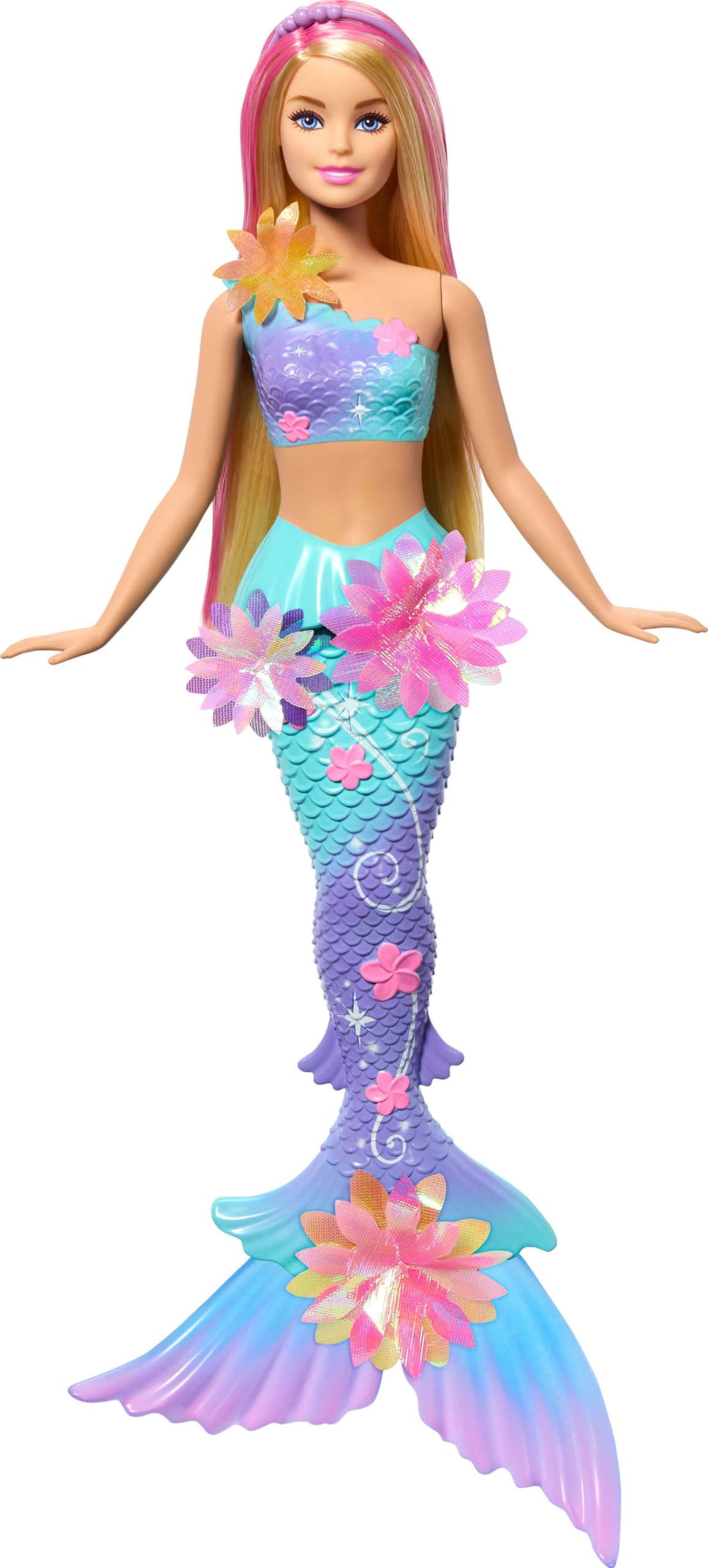 Colorful mermaid doll with flowing pink hair and iridescent tail, perfect for imaginative play.