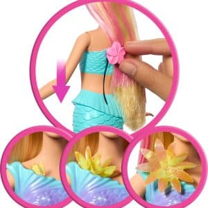 Colorful mermaid doll with customizable floral accessories for imaginative play and creativity.