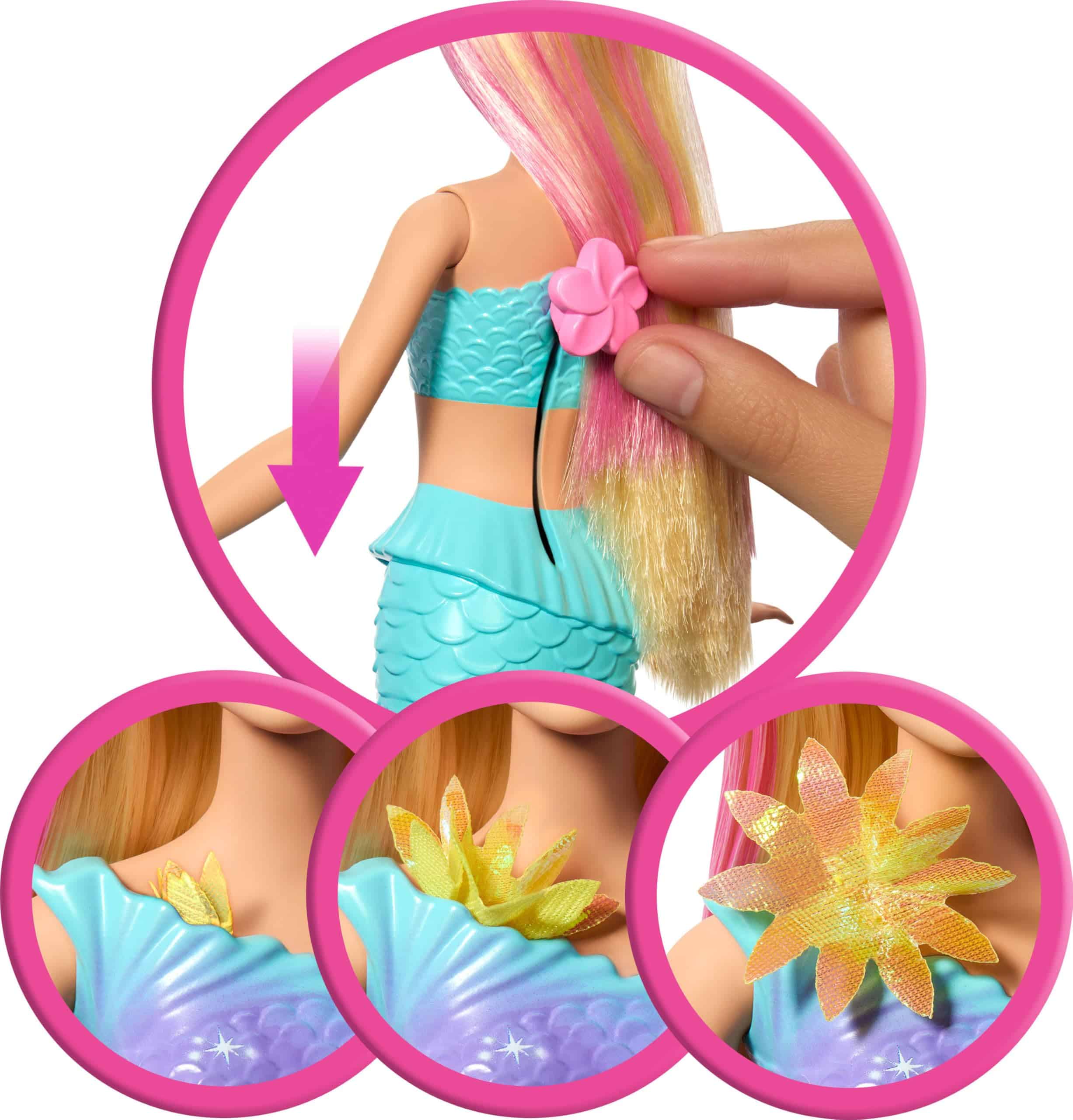 Colorful mermaid doll with customizable floral accessories for imaginative play and creativity.