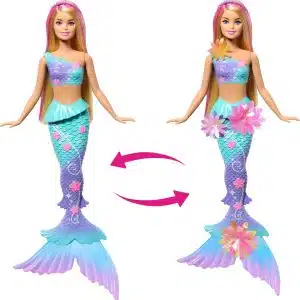 Colorful mermaid dolls with flowing hair and interchangeable outfits for imaginative underwater adventures.