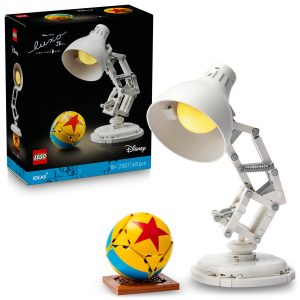 Pixar Luxo Jr. lamp LEGO set with vibrant ball, perfect for imaginative play and display.