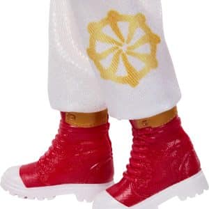Bold red high-top boots paired with elegant white trousers featuring a striking golden design.