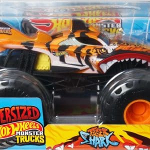 Fierce Shark Monster Truck toy in vibrant orange and black, perfect for play and collecting.