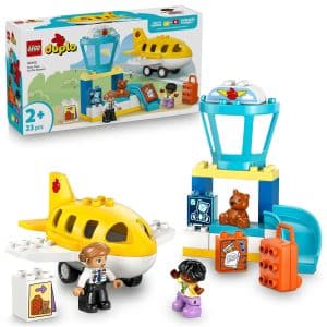 Colorful LEGO Duplo airport playset with airplane, control tower, figures, and fun accessories for kids.