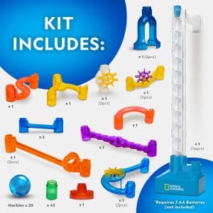 Vibrant marble run kit with colorful tracks, funnels, and 20 marbles for creative play.